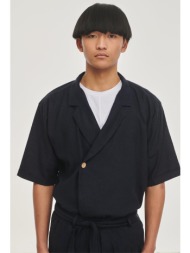 μπλέ κοντομάνικο λινό πουκάμισο