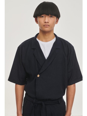 μπλέ κοντομάνικο λινό πουκάμισο