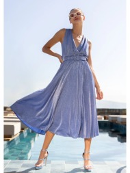 σιέλ μίντι φόρεμα γυαλιστερό με στρας και ζώνη