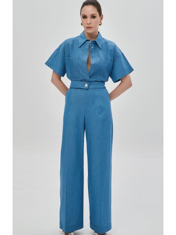 ψηλόμεσο ίσιο παντελόνι denim με ζώνη με στρας