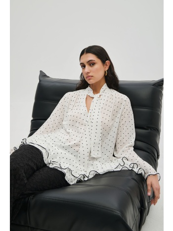 πουά πουκάμισο με βολάν και δέσιμο στο λαιμό