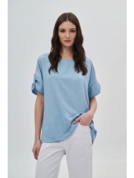 κοντομάνικη μπλούζα με ρεβέρ και στρασένια καρδιά στο μανίκι γαλάζιο