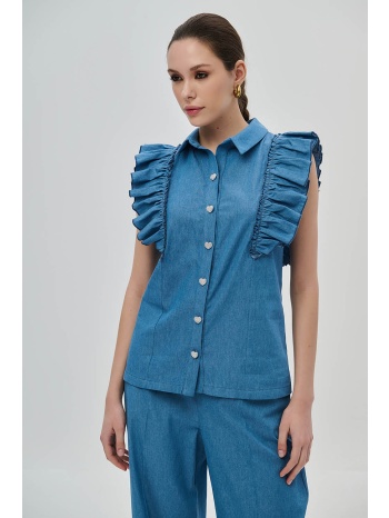 denim πουκάμισο με βολάν και στρασένια κουμπιά καρδιές