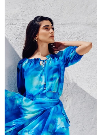 φλοράλ αμάνικη πλισέ μπλούζα με δέσιμο στο λαιμό και βολάν