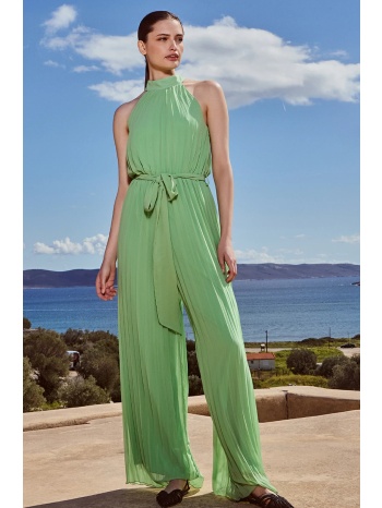 πλισέ ολόσωμη φόρμα με ζώνη και halter λαιμόκοψη γαλάζιο