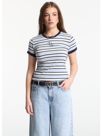 t-shirt guess jeans ss cn striped mini 4g logo tee cream