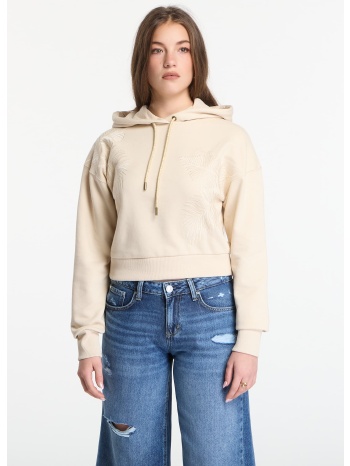 φούτερ guess jeans ls hooded leaves crop sweatshirt pearl σε προσφορά