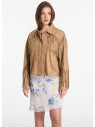 μπουφάν guess jeans ls ibby fringe jacket wet sand m/l