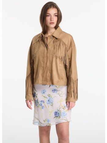 μπουφάν guess jeans ls ibby fringe jacket wet sand m/l