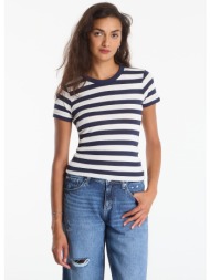 t-shirt guess ss cn michela striped tee blackened blue/ cream l