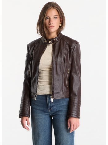 μπουφάν guess marlene caribou pu moto jacket chocco brown m σε προσφορά