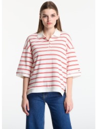 t-shirt tommy hilfiger multistp oversized ss polo tee multi stp ecru / fire red m