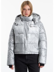 μπουφάν karl lagerfeld jeans cropped shiny puffer washed blue s