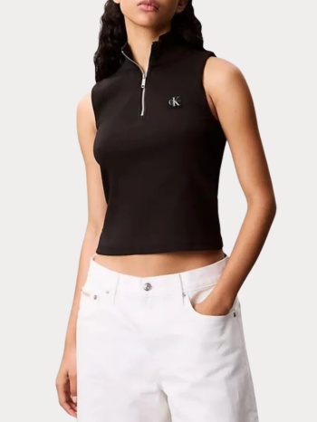 τοπ calvin klein woven label sleevless ribbed zip black σε προσφορά