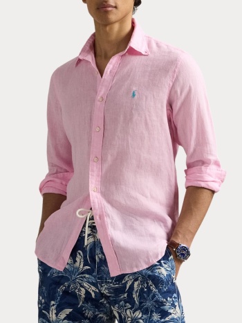 πουκαμισο λινο polo ralph lauren button down custom fit ροζ σε προσφορά