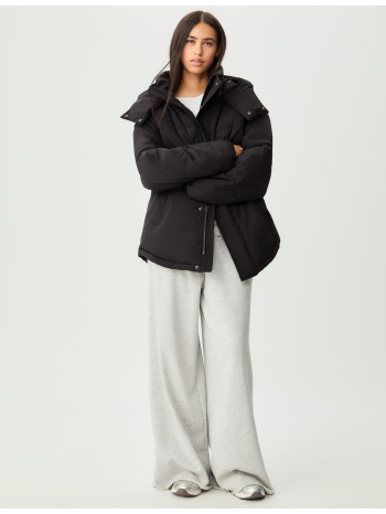 stradivarius oversize καπιτονέ μπουφάν με κουκούλα μαύρο xs