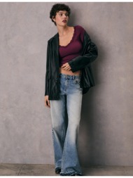 stradivarius μπλούζα χωρίς ραφές με δαντέλα μελιτζανί m