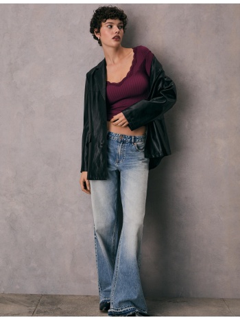 stradivarius μπλούζα χωρίς ραφές με δαντέλα μελιτζανί m