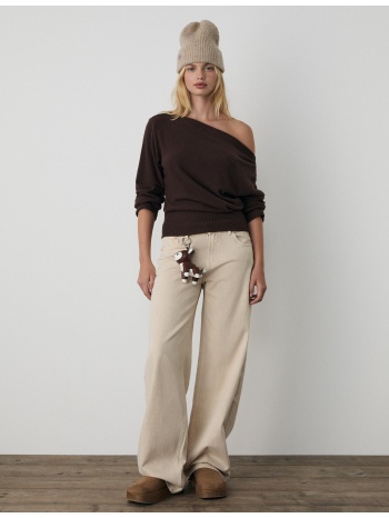 stradivarius πλεκτή μπλούζα με λαιμόκοψη χαμόγελο και ζώνη