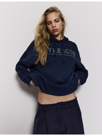 stradivarius φούτερ με κουκούλα και γκλίτερ navy blue l σε προσφορά