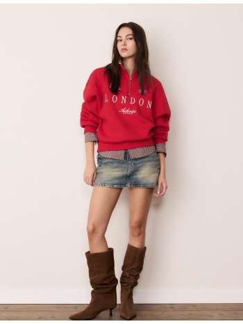 stradivarius φούτερ με φερμουάρ και κεντήματα κόκκινο xs