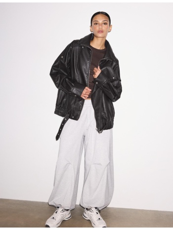 stradivarius oversize τζάκετ με πέτο με όψη δέρματος μαύρο