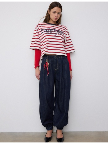 stradivarius κοντομάνικη μπλούζα ριγέ με τύπωμα κόκκινο s