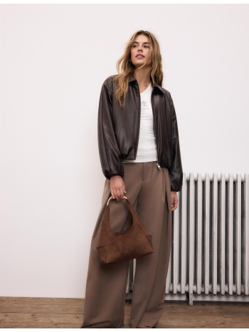 stradivarius καπιτονέ bomber τζάκετ όψης δέρματος καφέ l