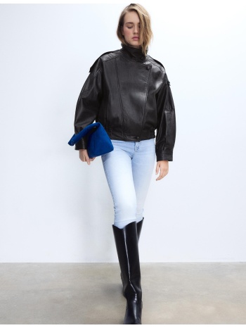 stradivarius oversize τζάκετ με πέτο 100% δέρμα μαύρο xs