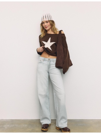 stradivarius ασύμμετρο πλεκτό πουλόβερ με αστέρι καφέ l