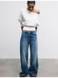 stradivarius πλεκτό πουλόβερ ασύμμετρο με ριμπ κάτω μέρος εκρού m