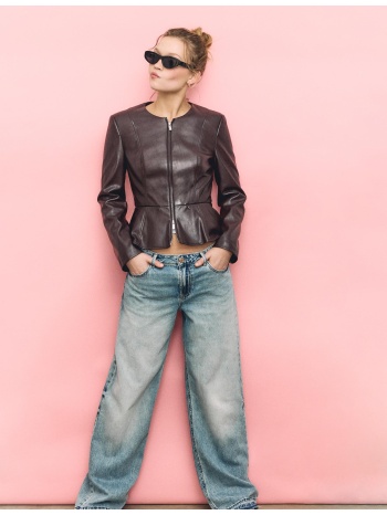 stradivarius σακάκι χωρίς γιακά peplum με όψη δέρματος xl