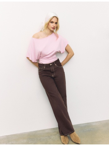 stradivarius κοντομάνικη μπλούζα με λαιμόκοψη βάρκα σομόν xs