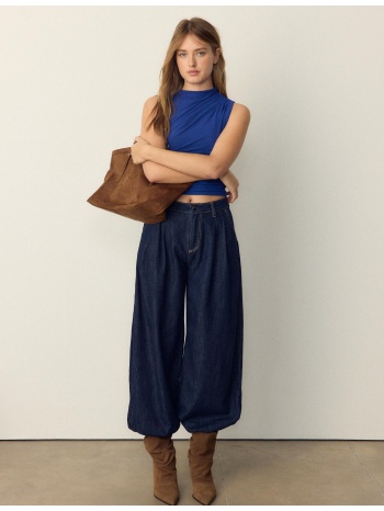 stradivarius μπλούζα με σούρες από τούλι μπλε ελεκτρίκ l