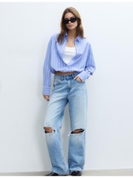 stradivarius πουκάμισο globo από δύο υλικά σιέλ xs