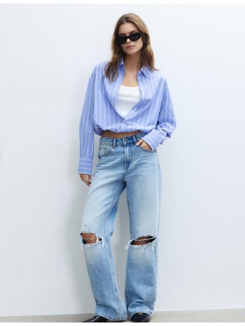 stradivarius πουκάμισο globo από δύο υλικά σιέλ xs