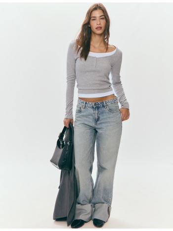 stradivarius μπλούζα διπλό μακρύ μανίκι με τρουκ γκρι