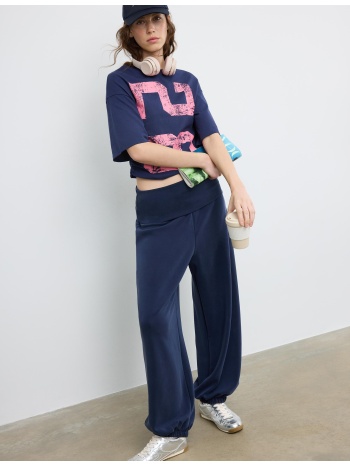 stradivarius crop μπλούζα με σούρες και τύπωμα σκούρο μπλε m