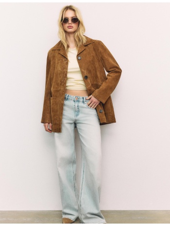 stradivarius δερμάτινη ζακέτα με τσέπες καφέ s