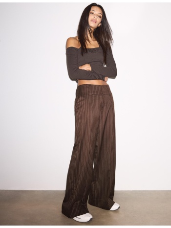 stradivarius παντελόνι αμπιγιέ με ριγέ ζώνη μέσης καφέ 34