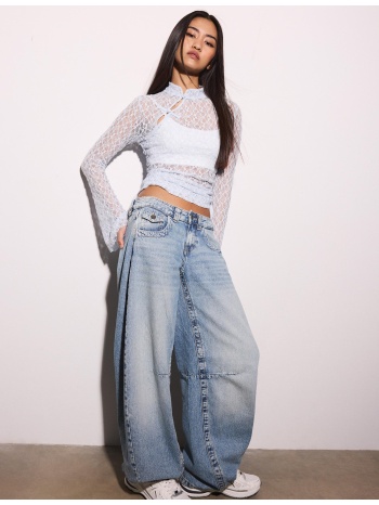 stradivarius μακρυμάνικη μπλούζα από δαντέλα σιέλ xs