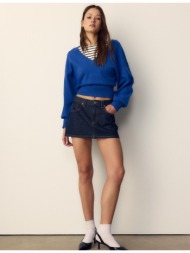 stradivarius πλεκτό πουλόβερ με λαιμόκοψη v και μανίκια νυχτερίδα μπλε ελεκτρίκ m