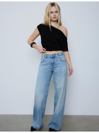 stradivarius ασύμμετρη μπλούζα με τρουκς μαύρο xs