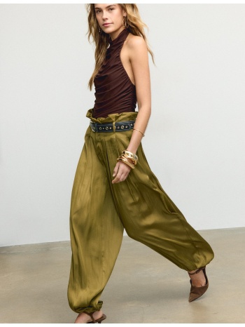 stradivarius σατινέ παντελόνι βράκα με ζώνη λαδί 34
