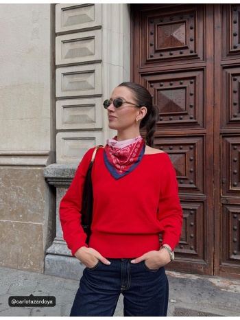 stradivarius ασύμμετρο πλεκτό πουλόβερ κόκκινο xs σε προσφορά