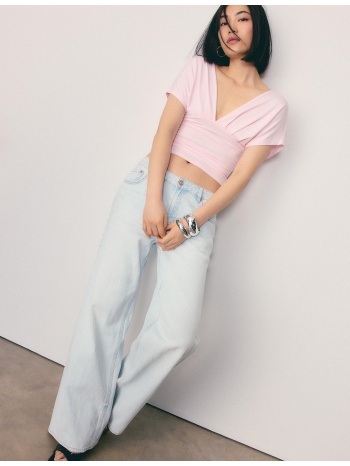 stradivarius μπλούζα με λαιμόκοψη v και ζώνη σομόν l