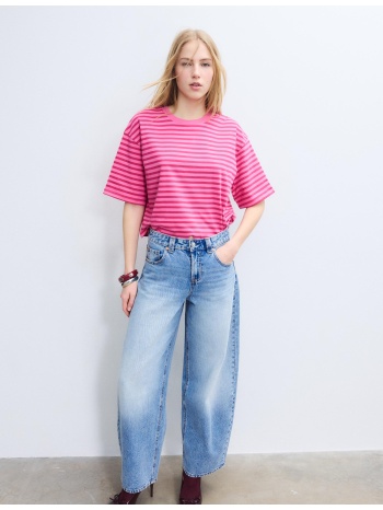 stradivarius κοντομάνικη ριγέ μπλούζα ροζ της τσιχλόφουσκας