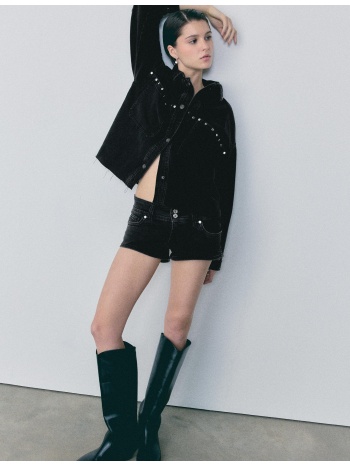 stradivarius κοντό τζιν overshirt με τρουκς ξεβαμμένο μαύρο