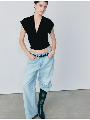 stradivarius μπλούζα με λαιμόκοψη v και ζώνη μαύρο m