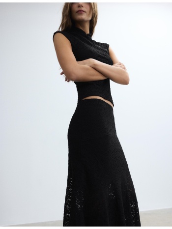 stradivarius ασύμμετρη μίντι φούστα δαντέλα μαύρο m